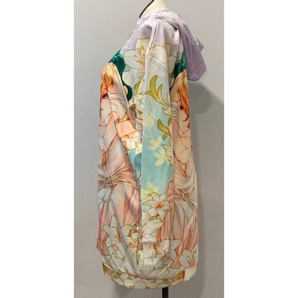 Anime-Inspired Hooded Longline Jacket Zipper Front Floral Art Allover Print 2LX - Picture 3 of 16